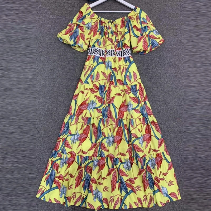 

2021 summer new printed blue yellow black women beauty long dress quality tie collar design Flounced edge dress