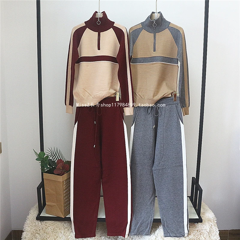 

Europe and the United States high-end new fashion suit collared collared knitted cashmere straight pants two-piece women