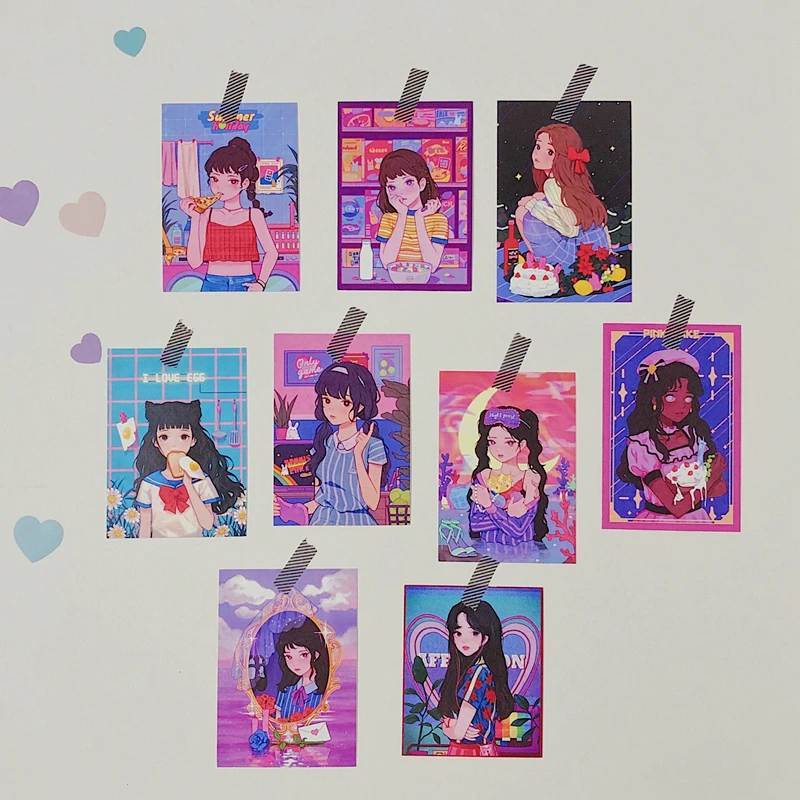 

9 Sheets Japanese Harajuku comic Girl Card Retro Illustration Postcard Mobile Phone Decorative Sticker Photo Props Stationery