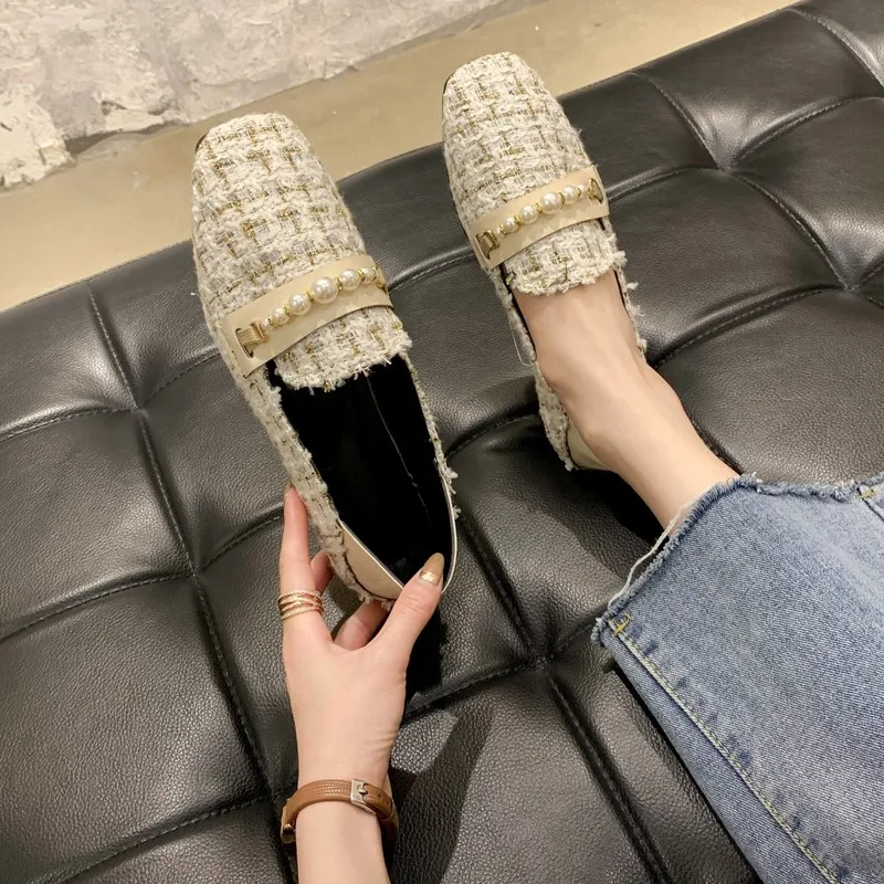 

Shoes Woman Flats Square Toe Shallow Mouth Pearl Decorateion Autumn Casual Female Sneakers Elegant Dress Comfortable Beading Fal