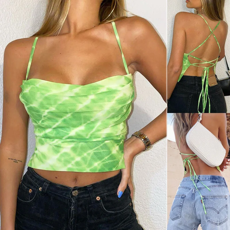 

Women Halter Tie Dye Backless Crop Top Summer Lace Up Cami Vest Tank Tops Party THJ99