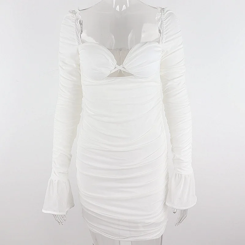 

Hollow Out Mesh Flare Sleeve Mini Dress For Women Square Collar Skinny Sexy Club Party Dresses Ladies Bodycon Backless Sundress