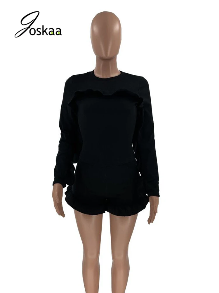 

Joskaa Ruffle Long Sleeve Coat Shorts 2 Pieces Set For Women Tracksuit Skinny Jogger Solid Casual Clothes Plus Size 2021 Fashion