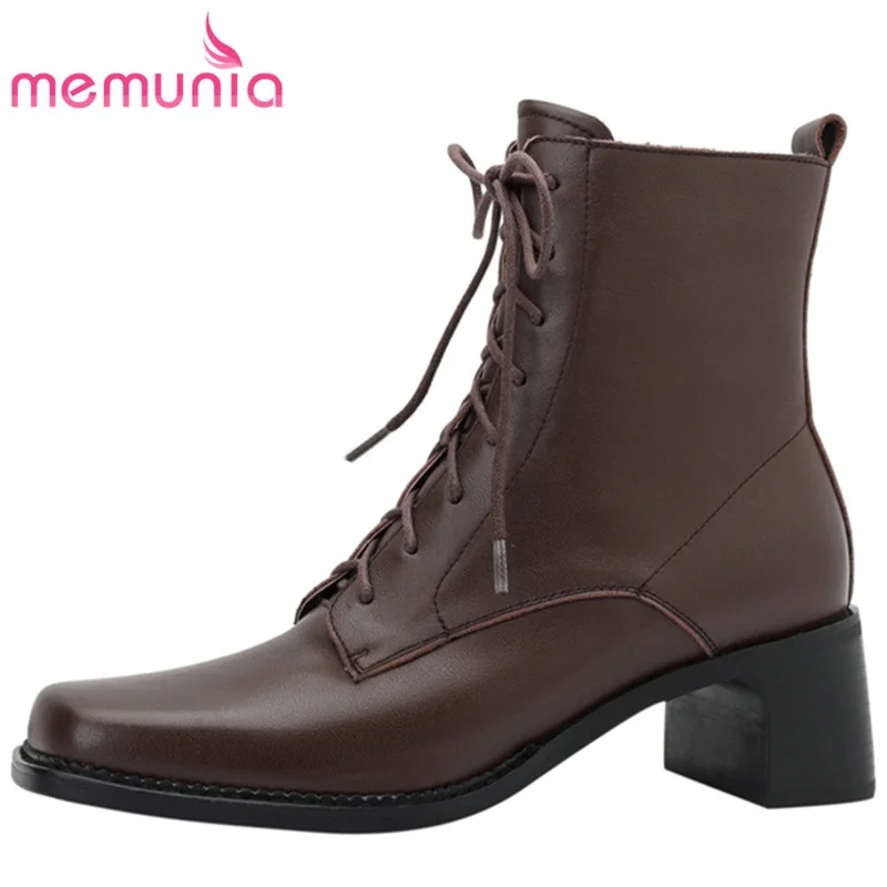 

Новое поступление, Современная обувь MEMUNIA, лидер продаж, женские зимние ботинки с квадратным носком, на молнии, со шнуровкой, ботинки из коро...