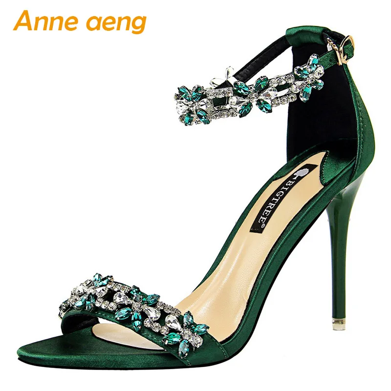 

Сандалии женские на высоком каблуке 9 см, босоножки с пряжкой и кристаллами, модная обувь для вечеринки, пикантные зеленые туфли на высоком к...