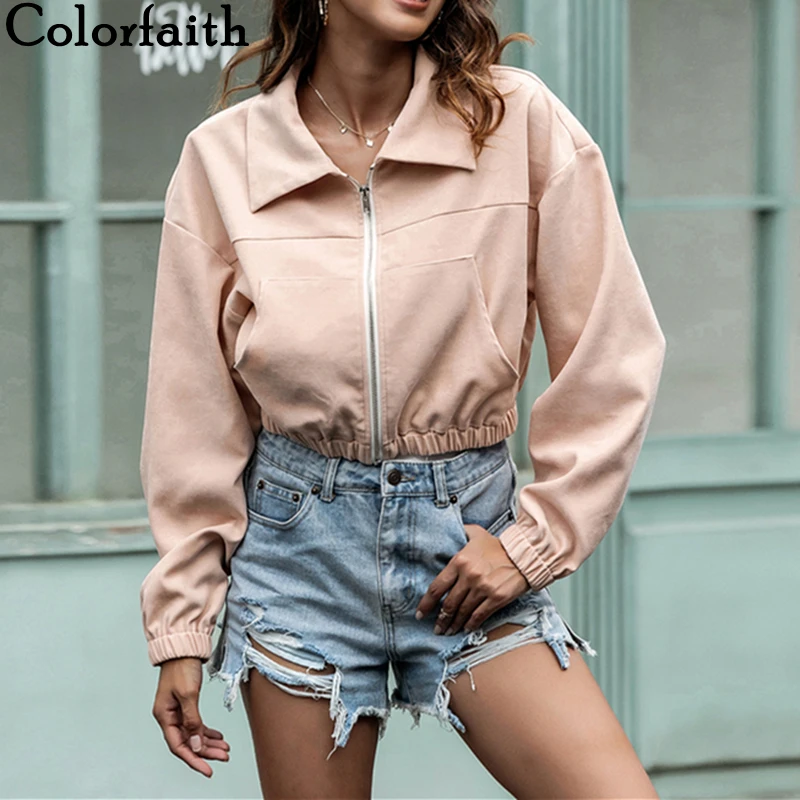 

Colorfaith New 2021 Autumn Winter Women's Jackets Fashionable Pockets Retro Vintage Cargo Corduroy Short Pink Tops JK20096AB