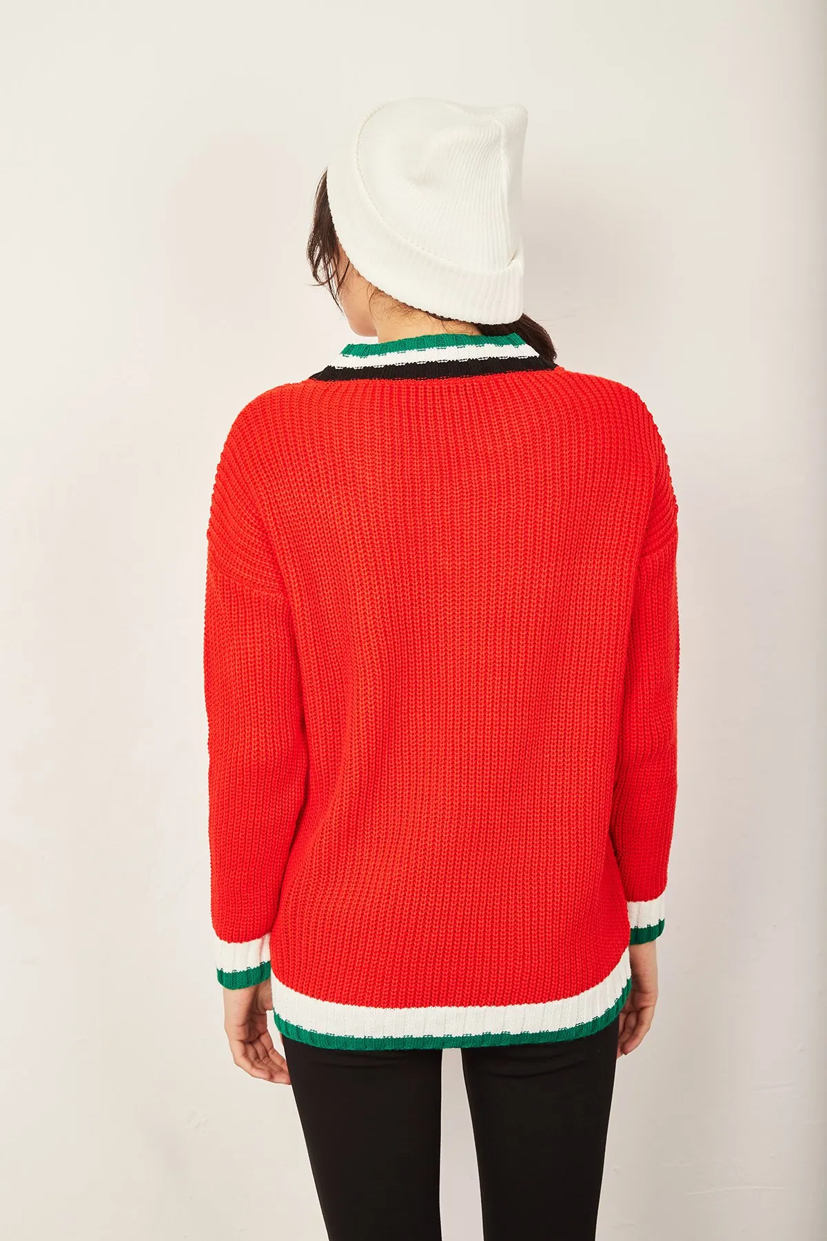 

Women's Red Stripe Detailed Pocket Sweater Cotton Protector Durable Convenient Seasonal Knitwear Sweater Doesn 'T Sweat