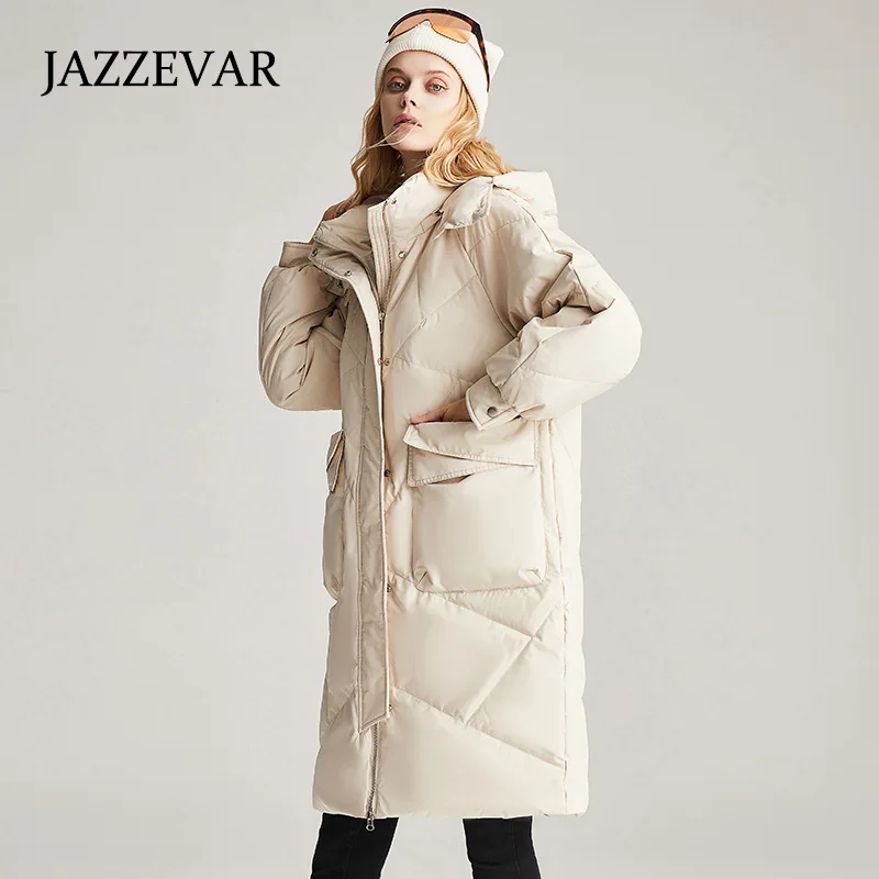 JAZZEVAR Medium and Long Down Jacket Female White Duck Hooded Thickened Warm Loose High-end Coats