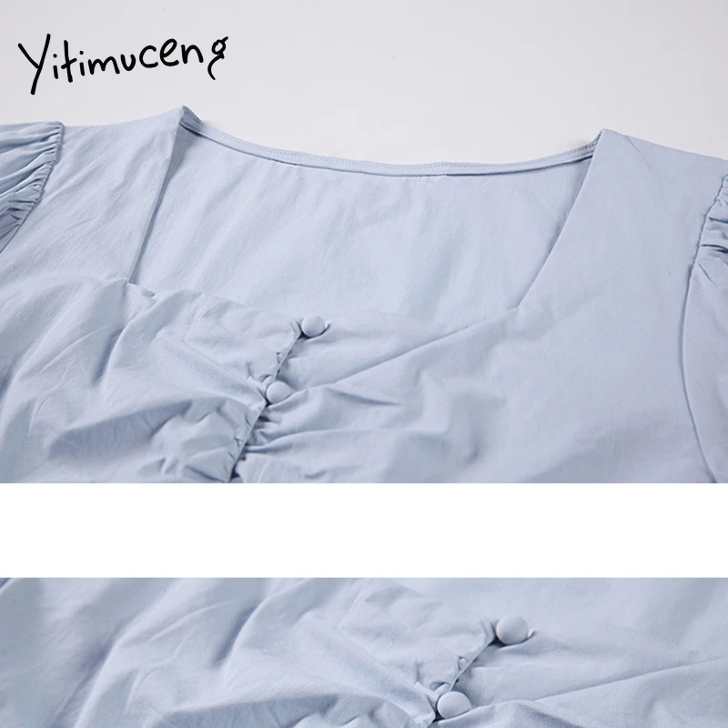 

Yitimuceng Ruched Blouse Women Shirts Puff Sleeve Square Collar Unicolor White Light Blue 2021 Summer Korean Fashion New Tops