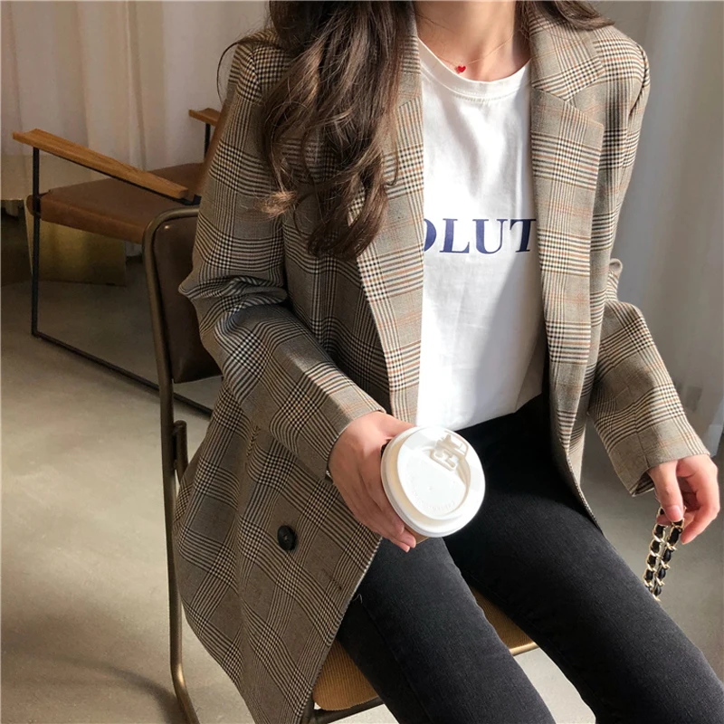 

Office Ladies Notched Collar Plaid Women Blazer Double Breasted Autumn Jacket 2021 Casual Pockets Female Suits Coat