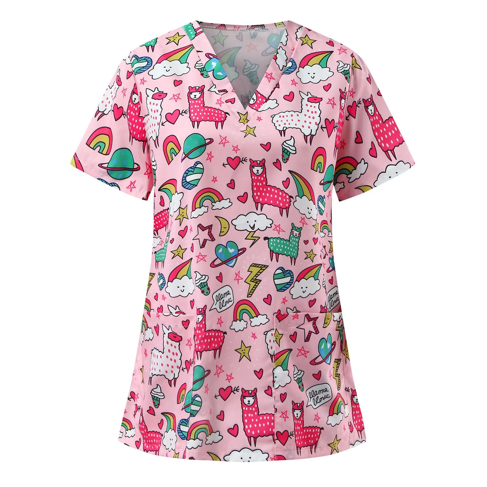 

Working Uniform Short Sleeve V-neck Rabbit Pattern Tops Female Workwear Uniform T-shirts Casual Breathable Nursing Uniform