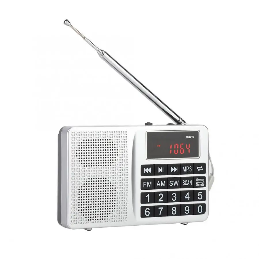 Портативное радио серебряное FM/AM/AW радиоприемник всех диапазонов с разъемом AUX 3 5