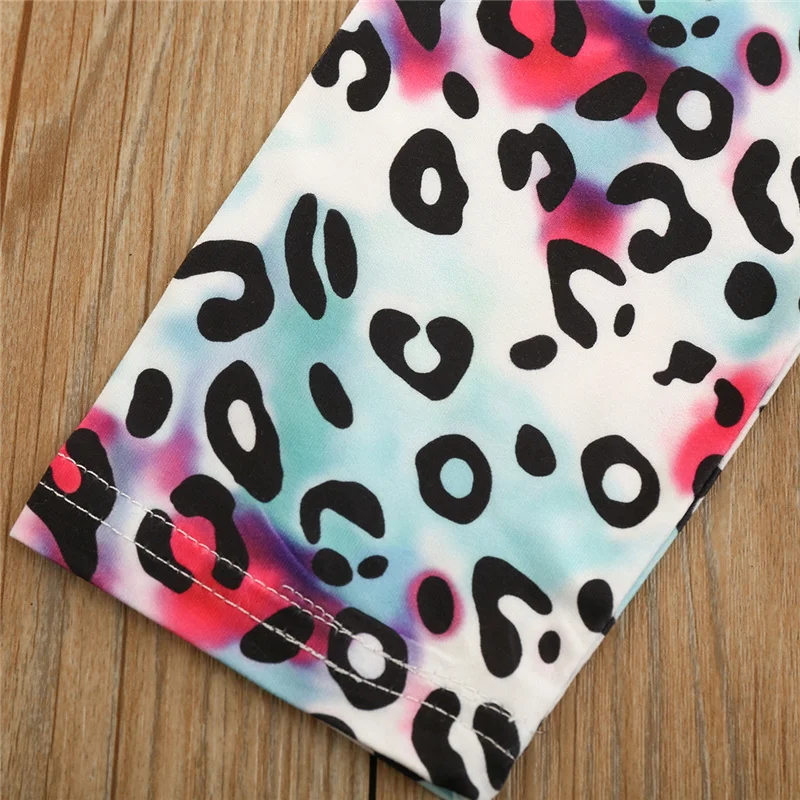 

2021 Fashionable Clothes Girls Long sleeved Trousers Suit Heart Patchwork Round Neck Tops Leopard Long Pants Spring Fall