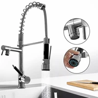 new kitchen chrome pull out side spring faucet 360 rotation sprayer dual spout single handle mixer tap sink faucet deck mounted