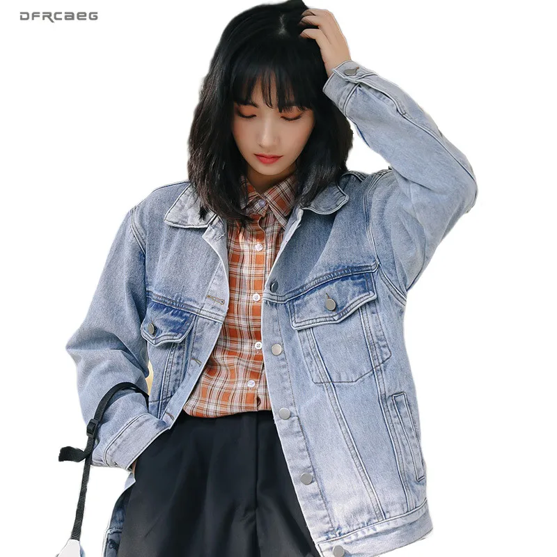 

Blue Vintage BF Loose Jeans Jacket With Pocket 2020 Autumn Long Sleeve Streetwear Women's Retro Oversized Denim Coat Outwear