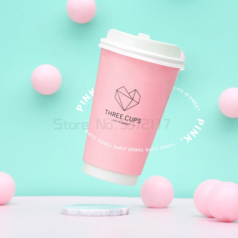 

50pcs High quality pink disposable coffee cup 16oz 500ml party birthday wedding favor drink paper cups with lid takeaway package