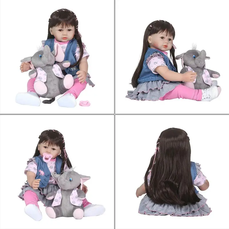 

24in Lifelike Silicone Long Hair Girl Doll Cartoon Skirt Jacket Shoes Elephant Early Childhood Kids Baby Toys XX9E