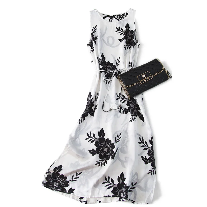 

2020 New Summer Silk Satin Vintage Black and White Sleeveless Printed Silk Loose Dress Women