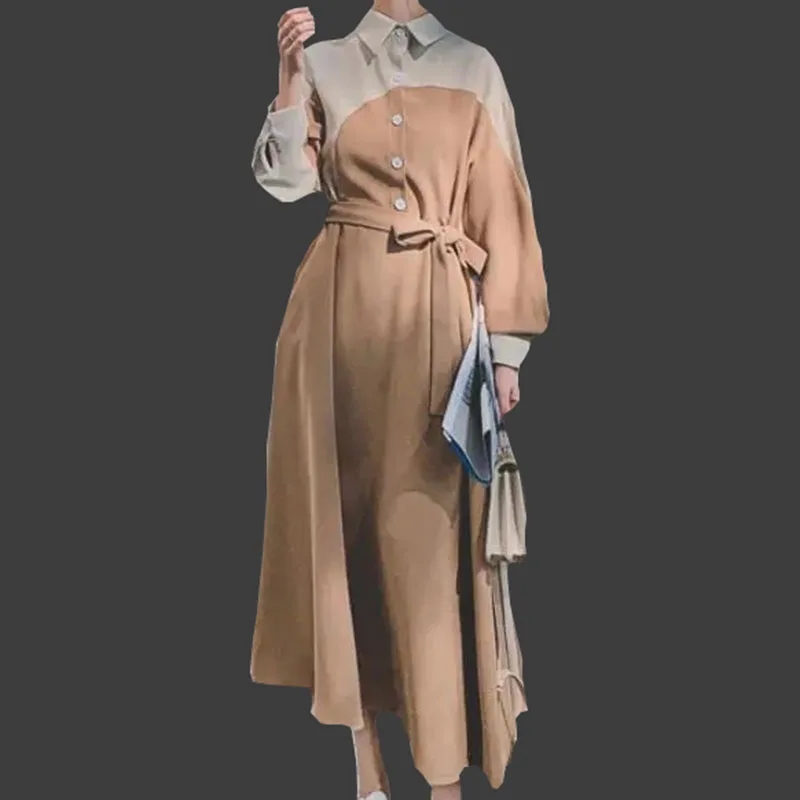 

Vintage Midi Dress Women Casual Lapel color stitching Long Sleeve Party Retro Dress Female French Evening One-piece Dress Korean