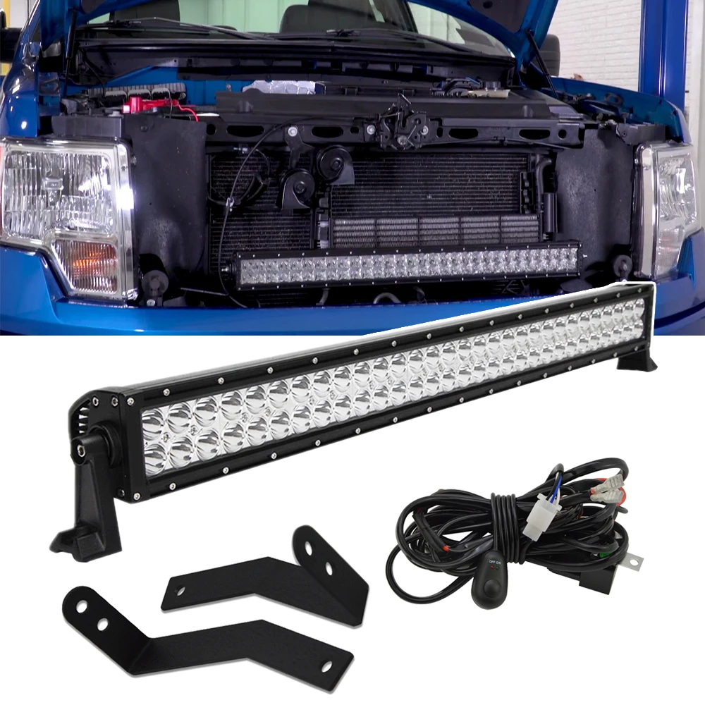 Hidden Bumper Grille Mounting Brackets and 30 Inches 180W Straight LED Light bar with Wiring Kit For 2009-2014 Ford F150