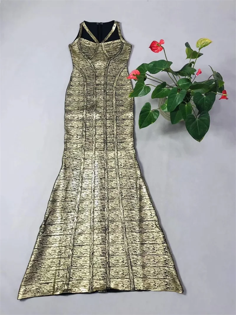 

Celebrity Evening Party Elegant Long Bandage Dress Sexy Sleeveless Foil Printing Maxi Dresses Vestidos Bodycon Silver Gold Black