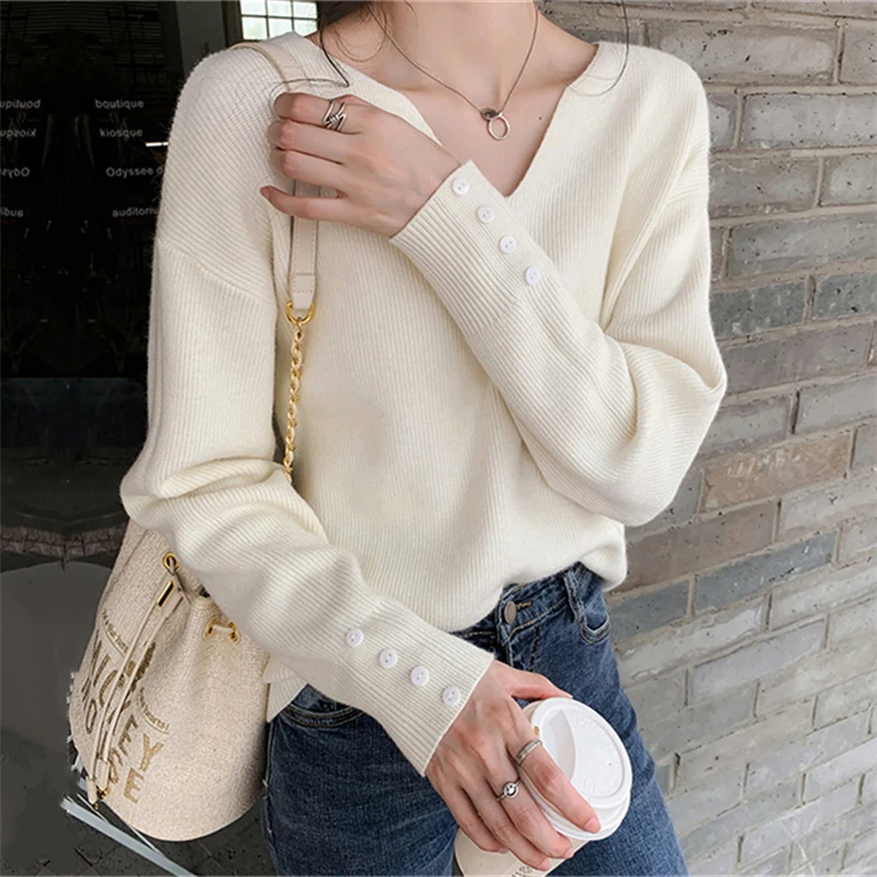 

Plus Size 4xl Pullover Sweater Women Autumn Winter Simple V-neck Long Sleeve Sweaters Women Solid All-match Loose Warm Sweaters