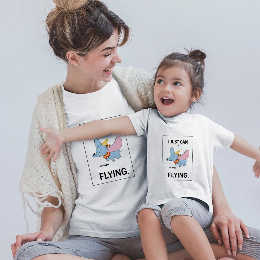 

Flying Dumbo Cute Girl T shirt Ulzzang Fashion Women Identical Sets Gor Family T-shirt Summer 2021 Mom Daughter Clothes Sets
