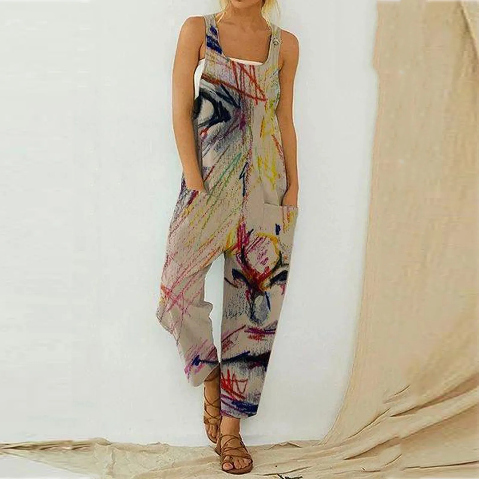 

Retro Abstract Pattern Print Cotton Jumpsuit Women Sleeveless Strappy Bodysuit Romper 2021 Overalls Casual Loose Dungarees