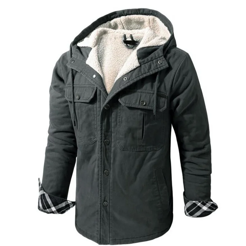 US Size Men's Cotton Jacket Winter Thick Parkas Male Velvet Casual Hooded Bomber Coat Men Warm Overcoat Lamb Velvet Outwear