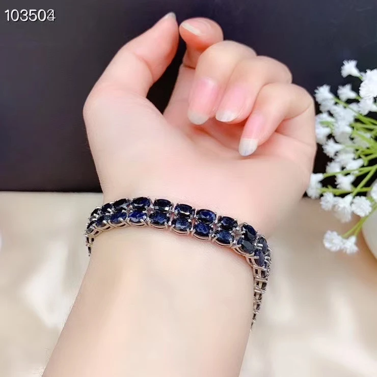 

Luxurious Rich Two rows chain S925 silver natural blue sapphire bracelet natural gemtone bracelet women party gift fine jewelry
