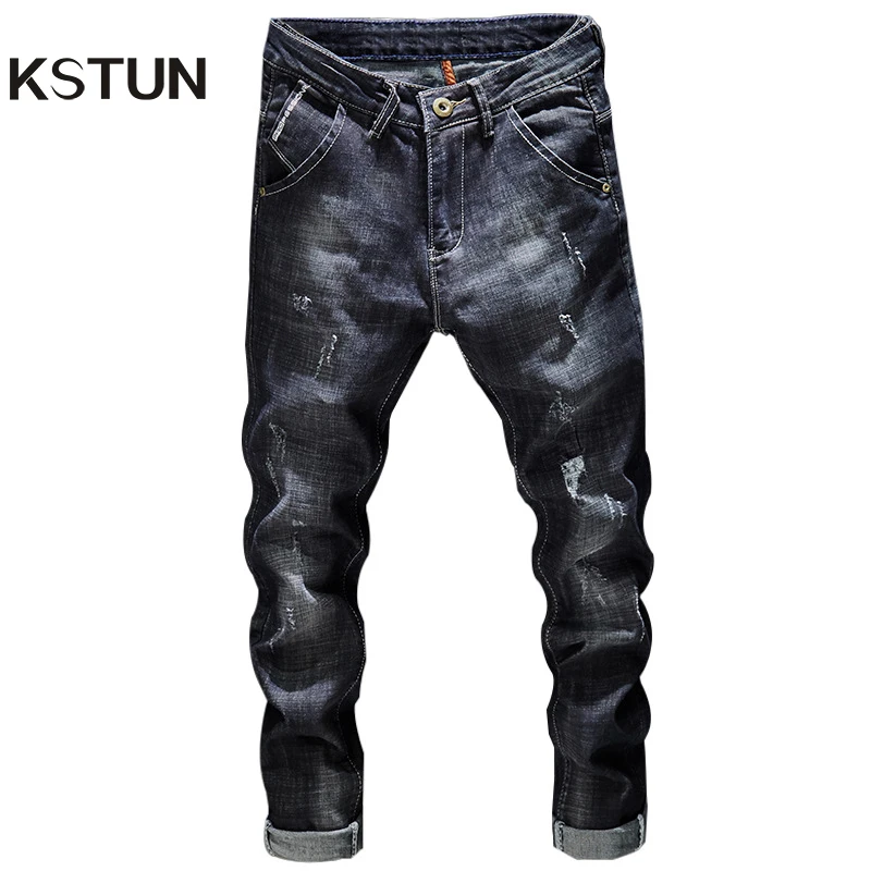 KSTUN Ripped Jeans Men Dark Blue Stretch Slim Fit Distressed Streetwear Denim Pants Casual Retro Biker Man Trousers Hiphop | Мужская