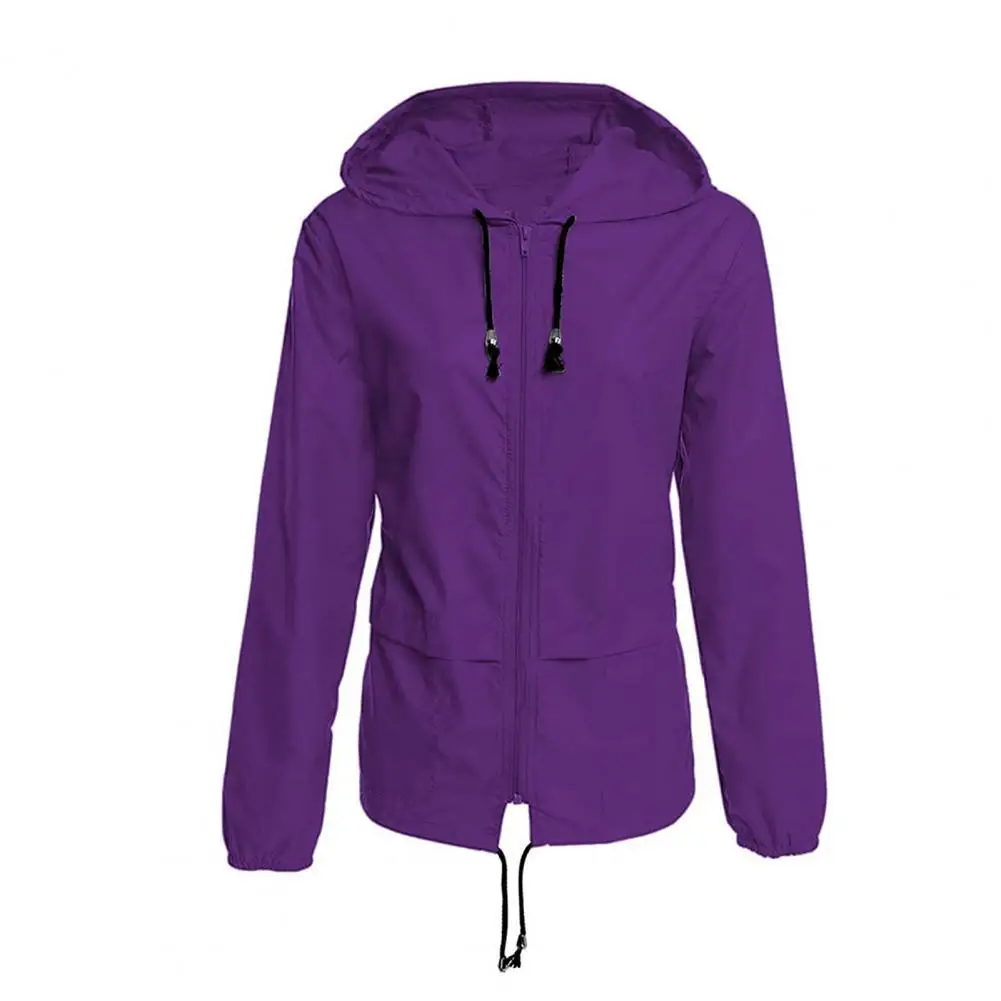 

Women Hooded Solid Color Drawstring Long Sleeve Zipper Pockets Women Raincoat Hiking Solid Color Long Sleeve Raincoat Jacket