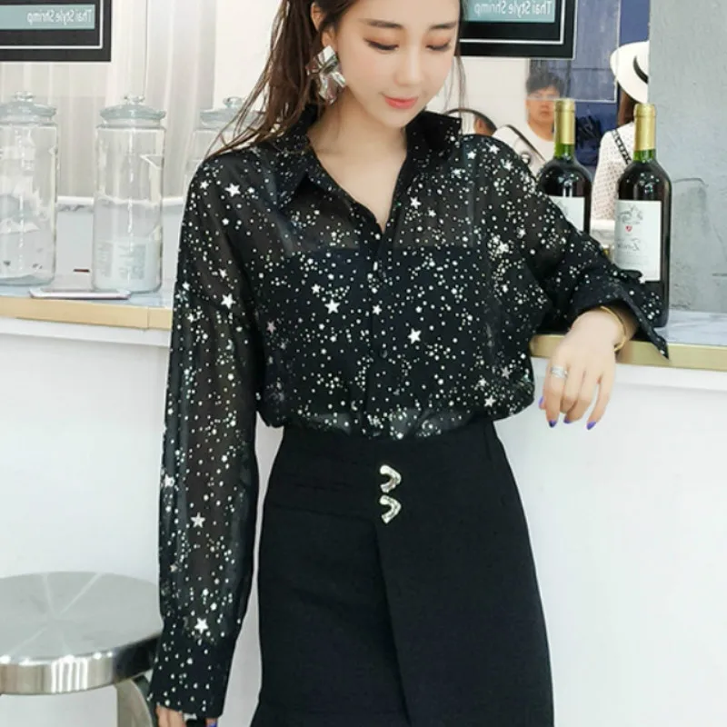 Шифоновые рубашки со звездами и бронзовым принтом Перспективная OL блуза с