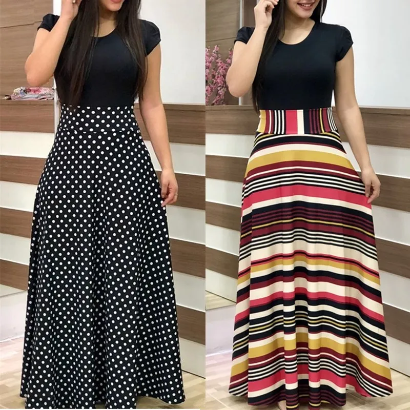 

2021 Summer Women Dress Casual Long Sleeve O Neck Tunic Patchwork Ladies Party Dresses Fashion Vintage Print Maxi Dress Vestidos