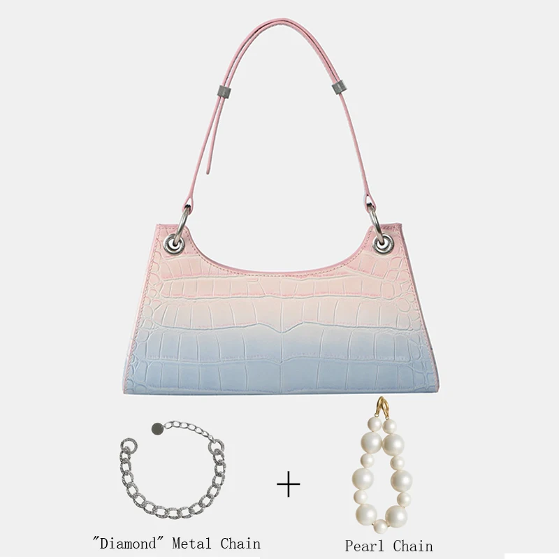 

2021 New Arrivals Rainbow Women Shoulder Bags Fashion Croc Froggy Gradient Handbag Pearl Chain Diamond Metal Chain Female Bag