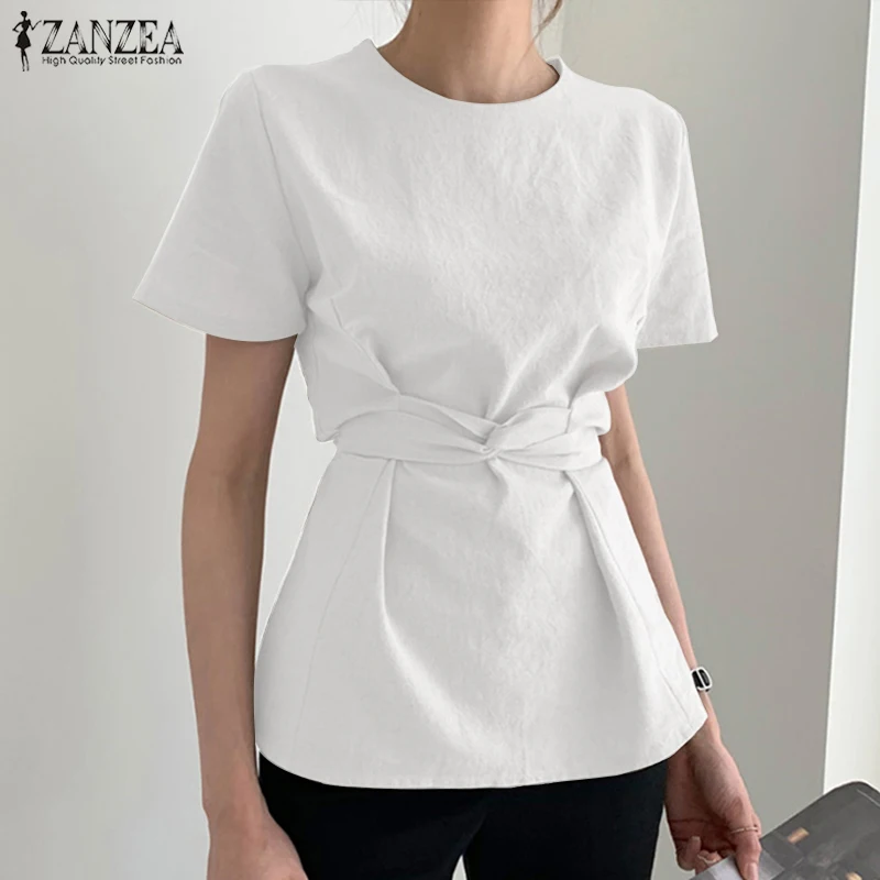 

ZANZEA Women Summer Short Sleeve Shirt Fashion Solid Lace Up Tunic Tops Chic Female Casual Blusas Elegant Office Work Blouse
