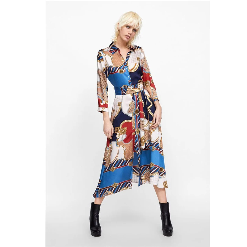 Женское винтажное платье средней длины с отложным воротником длинным рукавом и