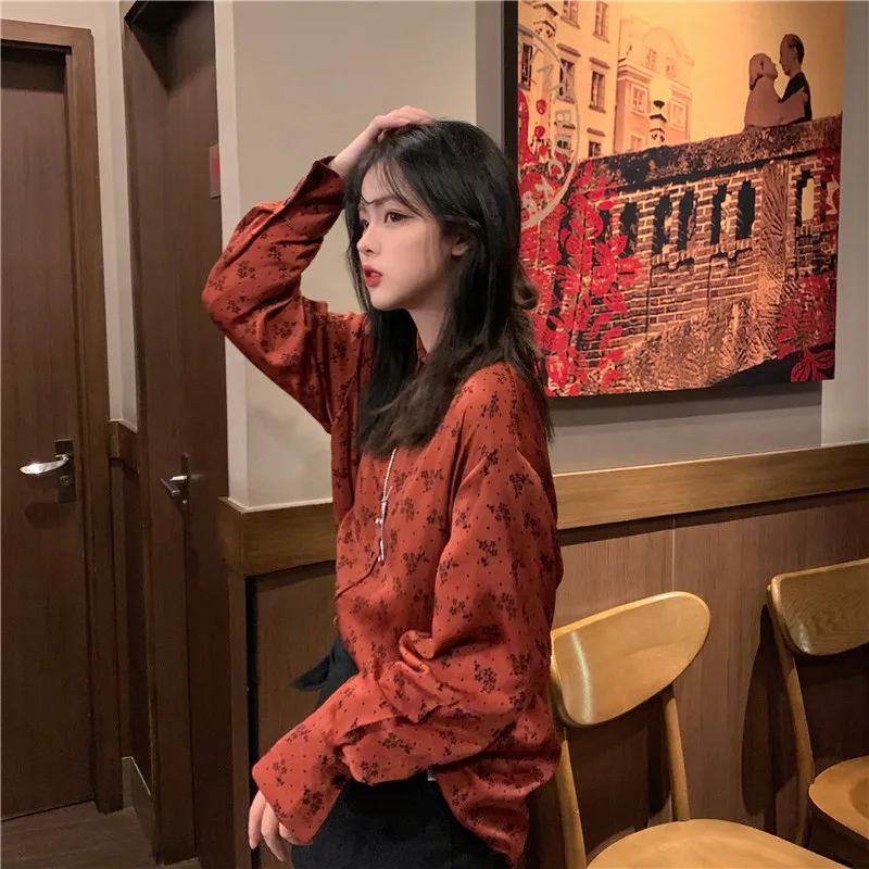 

vintage print loose turn-down collar blusas mujer de moda ladies tops long sleeve women blouses fashion brand autumn style new