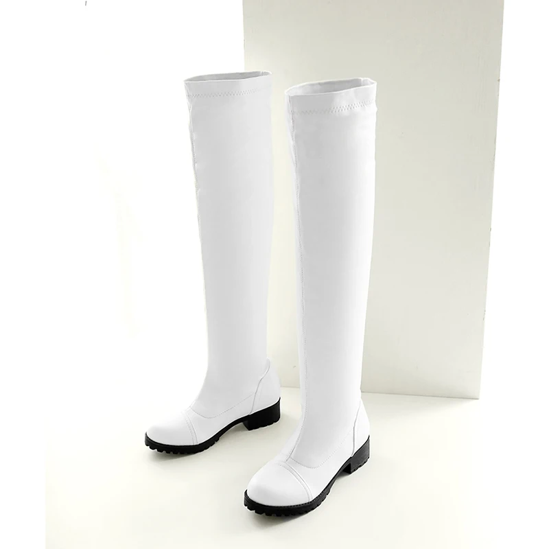 Модные сапоги до колена женские зимние высокие на толстом высоком каблуке с