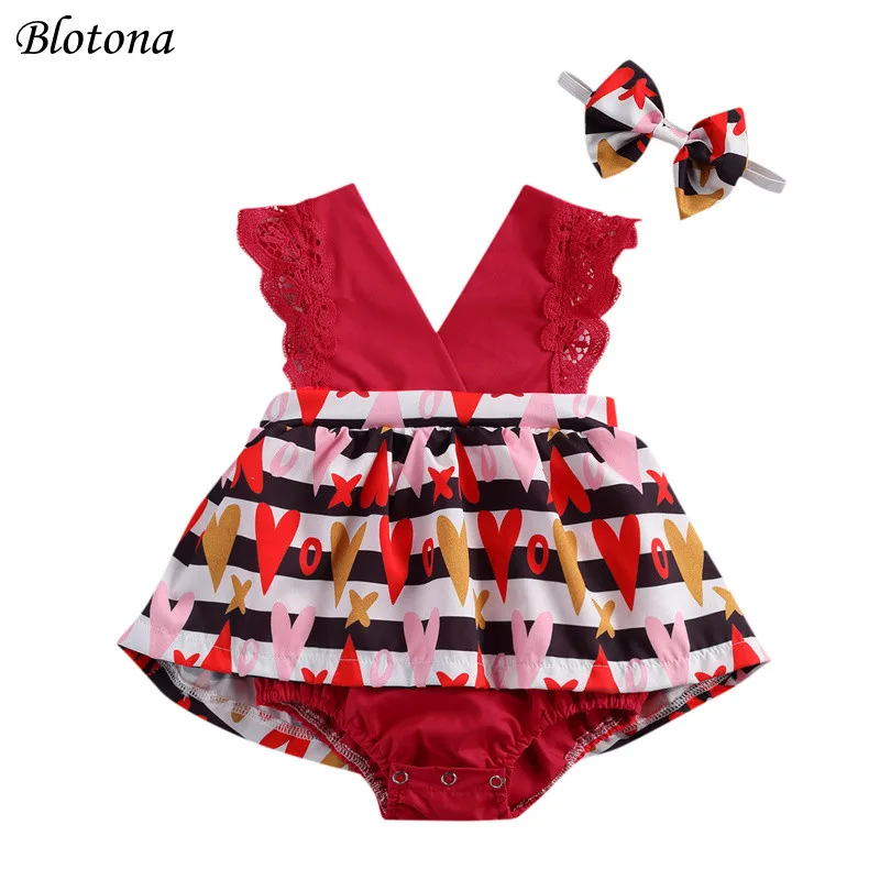 

Blotona Baby Girls Valentine's Day 2Pcs Clothes Set Red Sleeveless Stripe and Heart Printed Pattern Romper + Headdress 0-24M