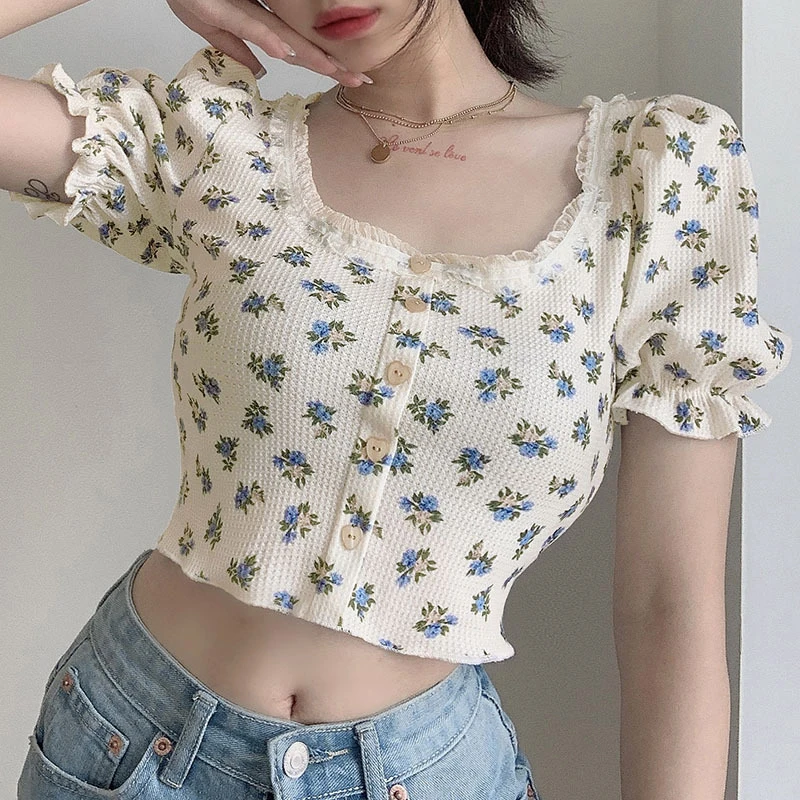 

2021 Fashion Women Ladies Summer Cardigan Boho Style Short Puff Sleeve Floral Print Crop Top Buttons Down Casual T-shirts Tees