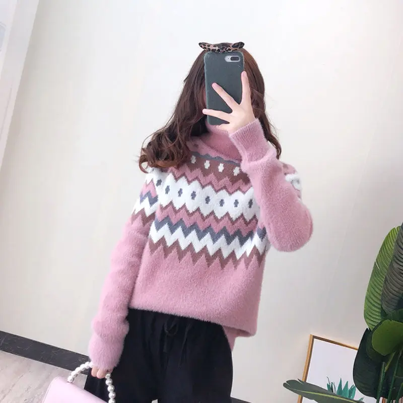 

Autumn and Winter Imitation Mink Velvet Turtleneck Sweater Women Loose Thin Pullover Korean Soft Wild Print College Style
