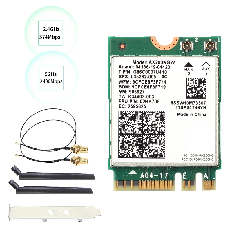 

Вай-Фай адаптер AX200NGW Wi-Fi 6 м. M.2 NGFF 3000 Мбит/с Bluetooth 5,1 2,4G 5G Dual Band 802.11Ax сетевая карта с 2X6DB антенна