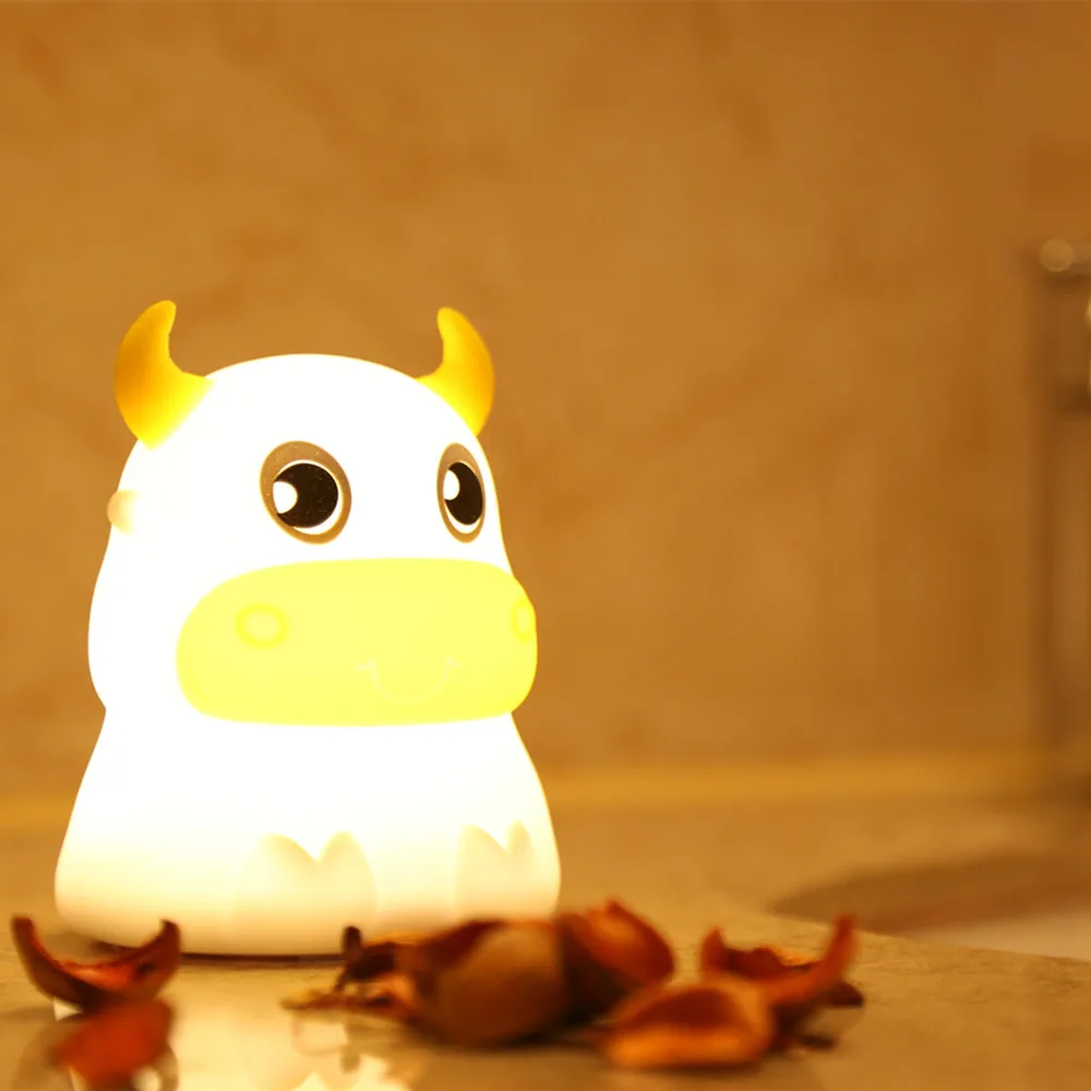 Cow LED Night Light Touch Sensor Colorful Silicone Cattle Bull Lamp USB Rechargeable Bedroom Bedside for Children Baby Gift | Лампы и