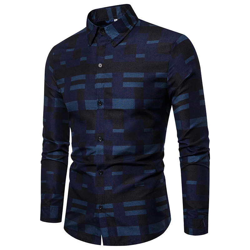 Мужская деловая рубашка Camisa Xadrez в клетку на пуговицах приталенная с длинными