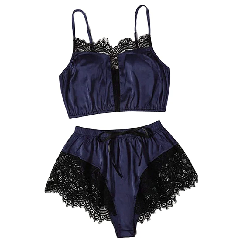 

Women's Sleepwear 2pcs Floral Lace Trim Satin Cami Pajama Set Female Mesh Nightgown Lingerie Set J55