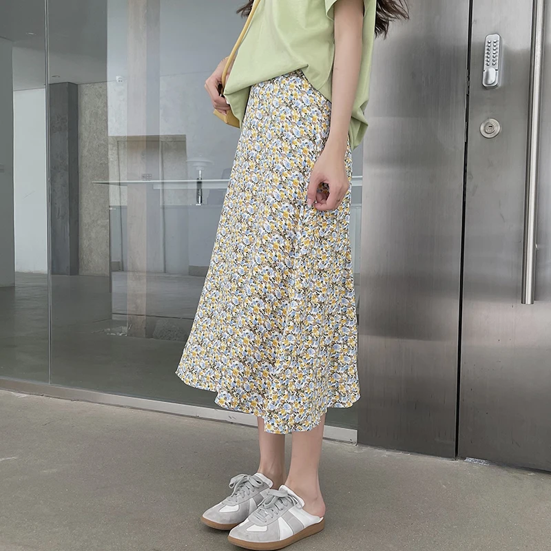 

2021 new high waist thin a-line skirt female temperament mid-length floral skirt small skirt