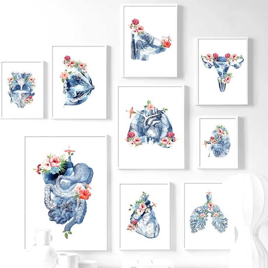 

Blue Flower Human Organs Anatomy Breast Lung Nordic Posters And Prints Wall Art Canvas Painting Wall Pictures For Doctors Decor