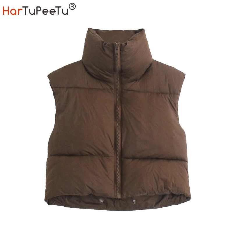 

2021 Autumn Women Short Coffee Vest Coat Cotton Padded Outerwear Solid Stand Collar Drawstring Zipper Spring Casual Crop Top