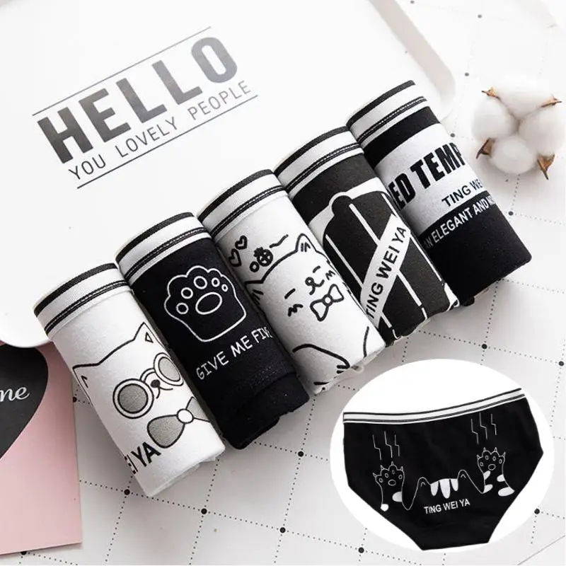 

5Pcs/lot High Quality Women's Underwear Cotton Inner File Cartoon Black and White Cat Triangle Panties Briefs Girl Sexy Lingerie
